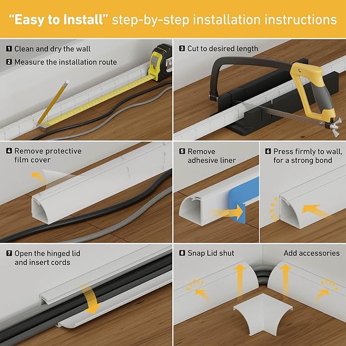 D-Line 157in Stainable Wood-Effect Corner Cable Concealer Multipack, Floor Wire Hider, Quarter Round Cord Cover, Organize Cords in Corners, Floor Molding - 10x 15.7in Lengths & Accessories