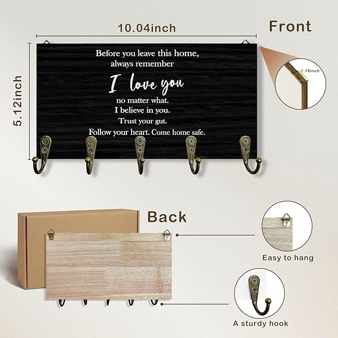I Love You Sign Key Holder for Wall 10"x5.12", Couple Home Key Hanger Wall Mount, Before You Leave This Home Sign Love Wooden Hanging Keys Holder Decor for Entryway Front Door（5 Hooks）