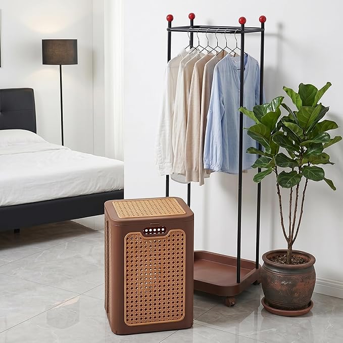 VECELO Laundry Hamper with Clothes Rack, Rolling Laundry Basket with Lid and Wheels, Tall Clothes Stand for Hanging Clothes, Multifunctional Laundry Organizer for Bedroom, Bathroom, Brown