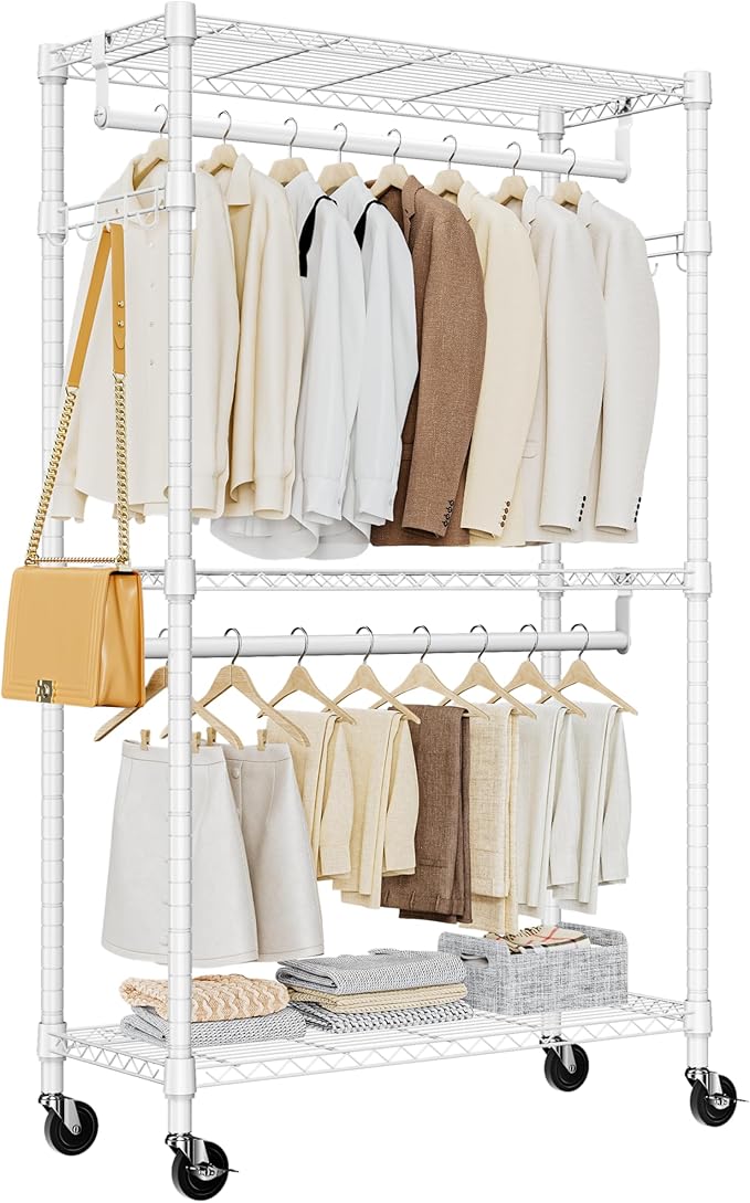 M MZG Heavy Duty Rolling Garment Rack 3 Tiers Adjustable Wire Shelving Clothes Rack with 2 Rods and Side Hooks,Storage Closet Clothing Rack with Wheels White 15.7" D x 29.5" W x 74.5" H