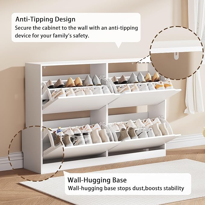 Shoe Storage Cabinet, Wood Shoe Organizer for Entryway with 4 Flip Drawers, Freestanding Shoe Rack with Adjustable Shelf, Narrow Shoe Dresser for Front Door Entrance(White, 47.24" x 32.28" x 9.44")