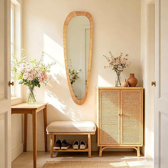 BAODANFU Irregular Natural Rattan Mirror, 18×53 Inch Full Length Wall Mirror, 4-Way Handwoven Decorative Asymmetrical Mirrors, Boho Rustic Decor for Entryway Bedroom Living Room Home