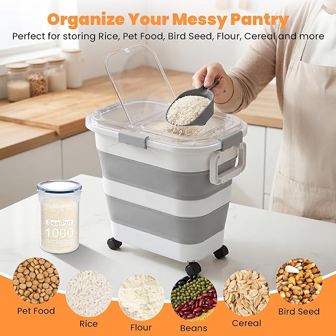 30 Lbs Rice Storage Container with Wheels, Collapsible Airtight Dog Food Storage Container with Transparent Lid, Measuring Cup, Scoop, Handle, BPA Free Rice Holder for Pet Food, Grain, Bird Seed