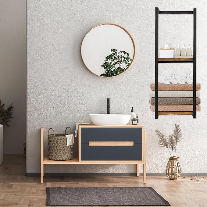 Modern Towel Rack for Rolled Towels,Towel Rack for Bathroom,Wall Mounted Bathroom Organizer Storage,Metal Towel Holders with Wooden Shelf,11" L x 5.5" W x 30" H,Black
