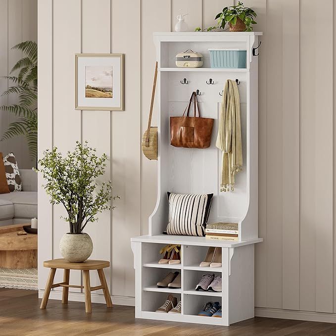 IRONCK Hall Tree with Bench and Shoe Storage, 6-in-1 Entryway Bench with Coat Rack, Adjustable Shelf, Hanging Hooks, 6 Shoe Cubbies, 2-Tier Top Storage, for Entryway, Bedroom, Living Room, White