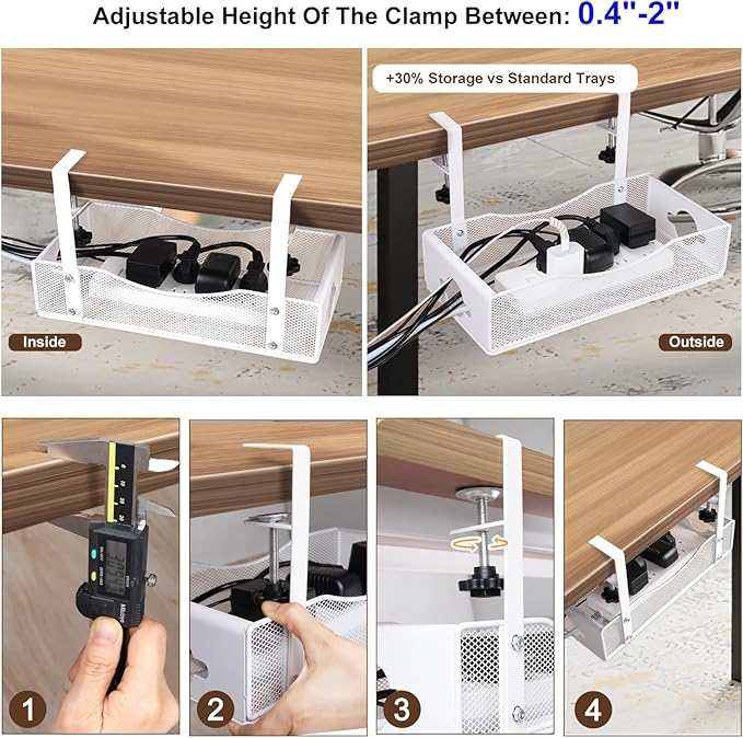Extra Wide Under Desk Cable Management - 7inch No Drill Installation Cable Management Tray, Clamp/Screw Mount Desk Cable Management, Cable Management Tray for Office, Home((White, XL)