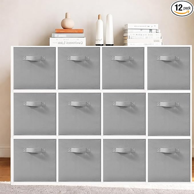 11 Inch Fabric Storage Bins, Storage Cubes, Collapsible Cube Storage Box, Fabric Closet Organizers with Handle for Home, Office, Shelf, Closets, Bedroom, Living Room, Grey, 12 Pack