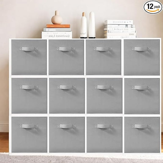 11 Inch Fabric Storage Bins, Storage Cubes, Collapsible Cube Storage Box, Fabric Closet Organizers with Handle for Home, Office, Shelf, Closets, Bedroom, Living Room, Grey, 12 Pack