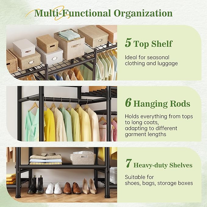 Raybee Clothes Rack, Clothing Racks for Hanging Clothes, Extra Large Metal clothing rack, Freestanding Wardrobe Closet, Garment Rack with Shelves, Portable Closet for Bedroom, Black