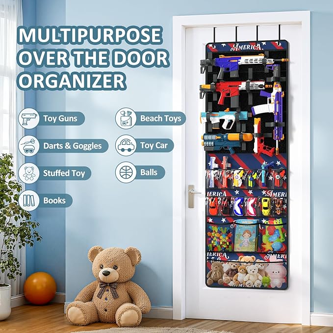 Over Door Toy Gun Storage, Hanging Organizer for Toy Guns, Toys Organizer with Pockets, Hook&Loop Straps for Foam Blasters, Darts, Goggle, Toys Storage Door Hanger for Kidroom, Gameroom
