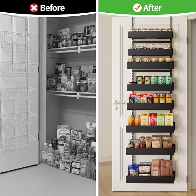 Narrow Over The Door Pantry Organizer, 8-Tier Metal Pantry Door Organization and Storage for Easy Instal, Hanging Spice Rack Shelves Door for Kitchen Pantry Door Organizers and Storage, Black