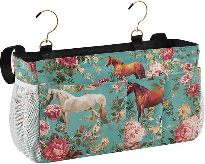 Bedside Caddy Hanging Bunk Bed Caddy Bed Organizer Hanging Pocket with 2 Hooks Bedside Storage Organizer Pocket Bag Holder Teal Horses and Red Roses
