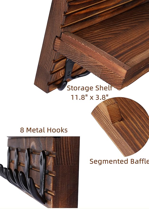 Decorative Key Hanging Rack with 4 Double Hooks – Easy Install Natural Wooden Key and Mail Holder for Wall Mount – Entryway Decor Rack with Shelf (Brown)