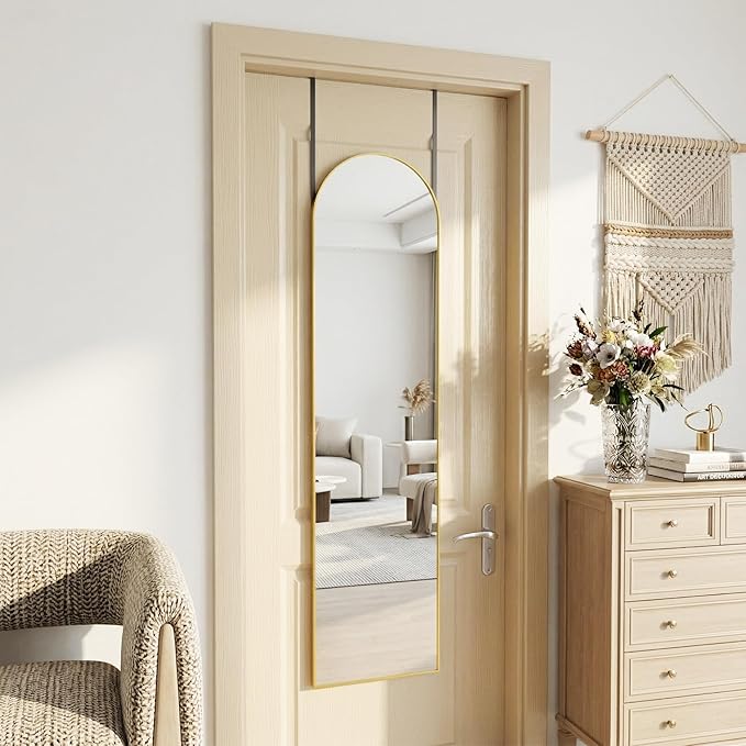 Antok Full Length Mirror, 56"x14" Floor Mirror with Stand, Hanging Mounted Mirrors for Bedroom, Living Room, Cloakroom, Dining Room, Gold, Arch