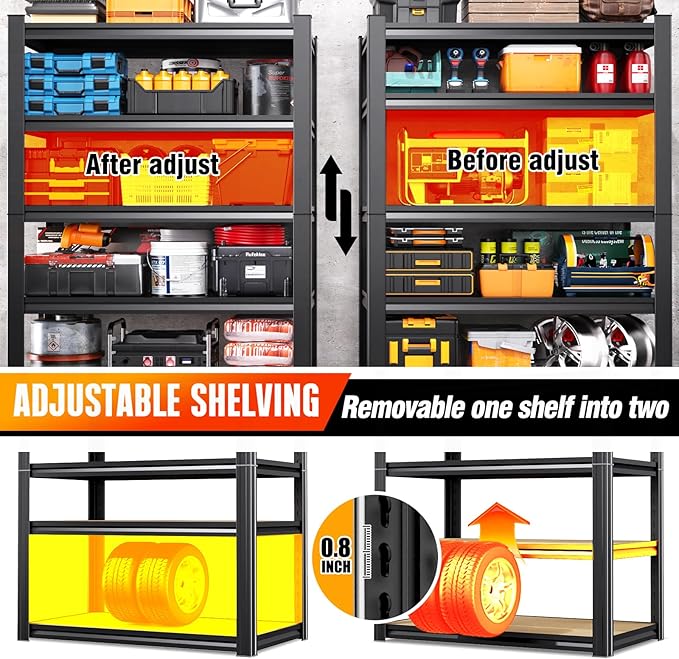 Storage Shelves,Adjustable Shelving Unit,5T Wood Garage Shelving ,Heavy Duty Garage Storage Shelves, Quick-Install Metal Shelving Unit Utility Rack Shelf for Warehouse, Pantry71.2’H*31.5’W*13.8’D