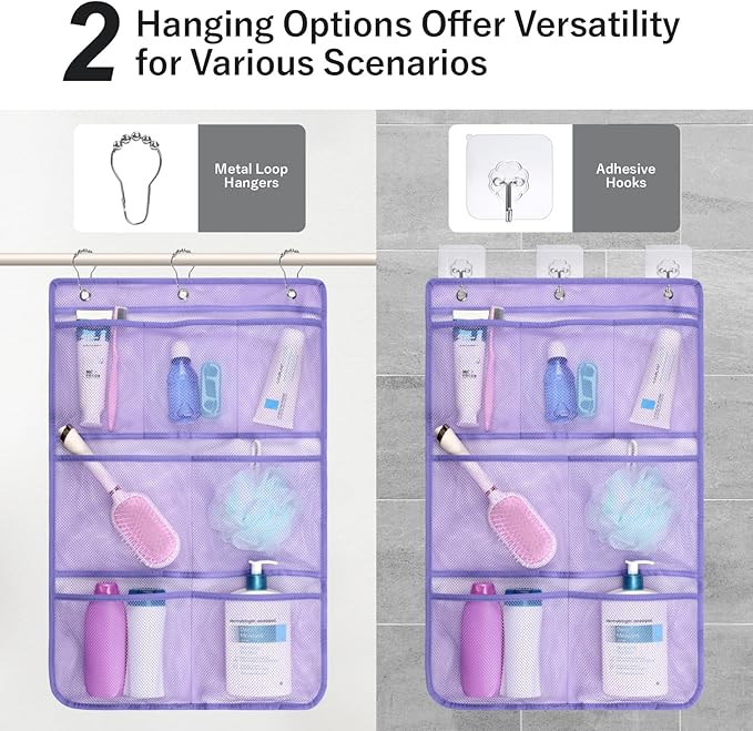 F-color Cruise Essentials 2026 - Mesh Shower Organizer Hanging with 7 Pockets for RV Gym Camping, Quick-Dry Portable Toiletry Bag with Metal Hooks for Bathroom Travel Toiletries, Purple