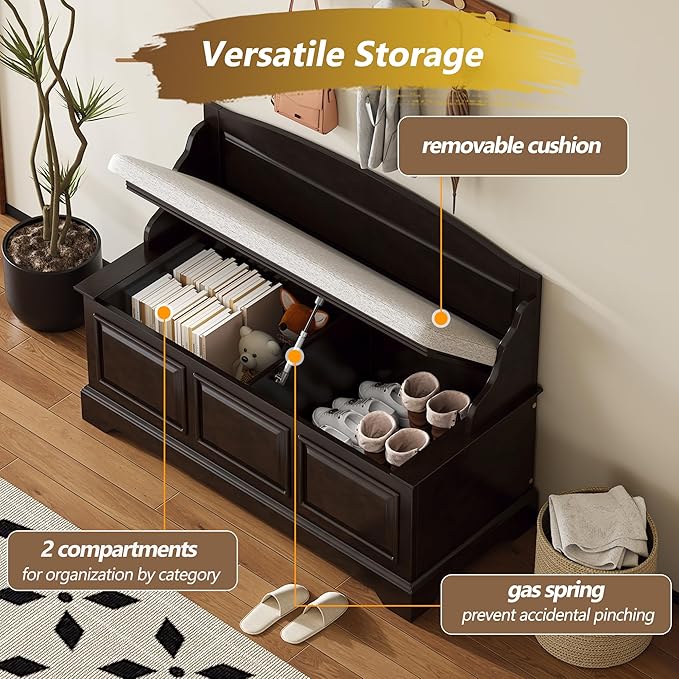 LUMISOL Shoe Storage Bench with Cushion, 41.7“ Farmhouse Entryway Bench with Soft-Close Devices and Hidden Storage, Upholstered Storage Ottoman for Living Room, Entryway, Bedroom, Espresso