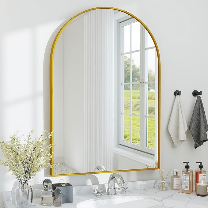 SCWF-GZ 24x36 Arch Mirror Rectangle Full Length Wall Mounted Hanging or Against Wall Metal Aluminum Alloy Frame Dressing Make-up Mirrors for Entryway Bedroom Bathroom Living Room 24 36 inch Gold