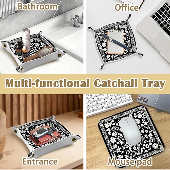 House Warming Gifts Leather Jewelry Valet Tray, New House Gifts, Home Sweet Home PU Leather Catchall Beside Caddy Nightstand Organizer Tray for Jewelry Rings Watches Keys, 7.8x7.8inch