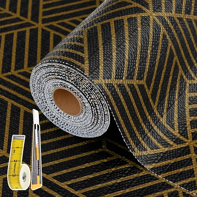 Shelf Liners for Kitchen Cabinets 23in x 30FT, Non Adhesive Cabinet Liner Strong Non-Slip Black Gold Geometric Drawer Liner, Easy to Clean for Shelf, Cabinet with Knife and Tape Measure