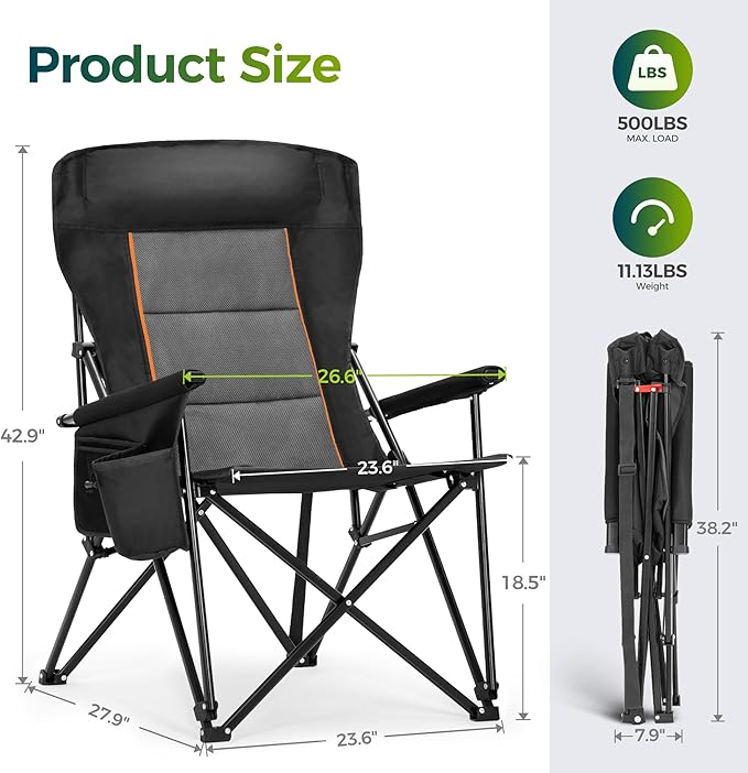 ALPHA CAMP Oversized Folding Camping Chairs for Adults High Backrest Heavy Duty Lawn Chairs Support 500 LBS Portable Camp Chairs with Cup Holders Large Side Pocket Outdoor Chair 2 Pack