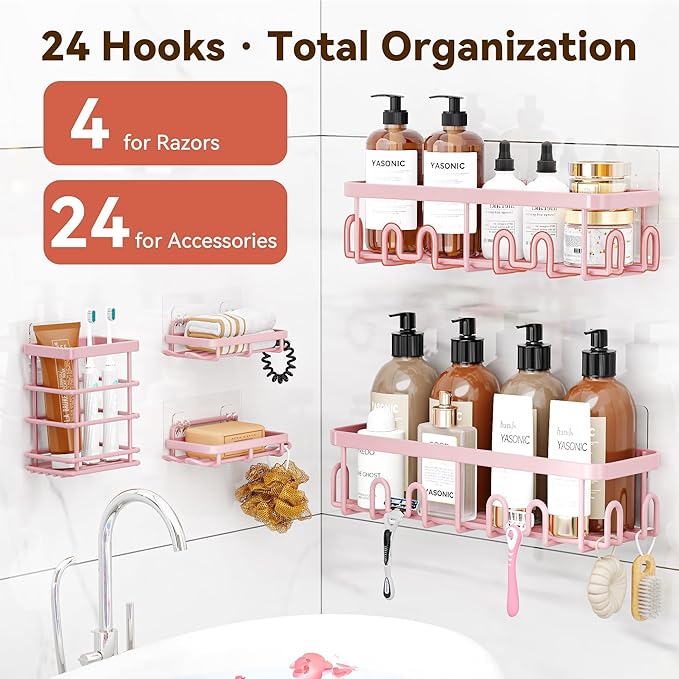 YASONIC Shower Caddy Adhesive 5-Pack, Rustproof Shower Organizer with Holder, No Drilling Shower Shelves for Inside Shower, Large Capacity Bathroom Organizers and Storage for Home & Renters, Pink