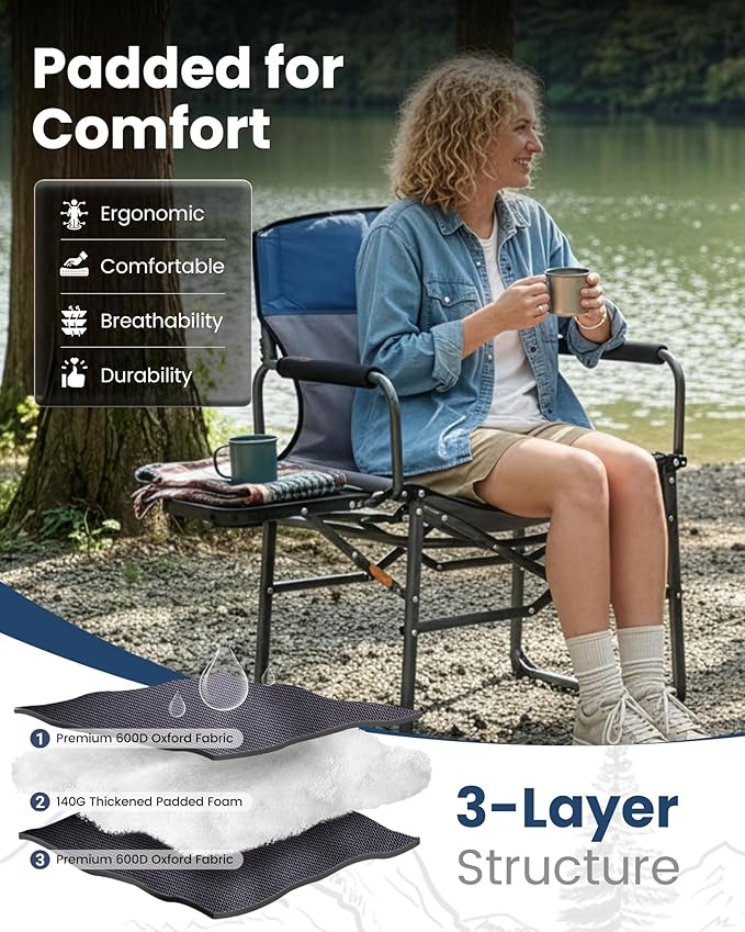 KingCamp Oversized Camping Directors Chair for Big and Tall, Heavy Duty 440lbs Folding Chairs with Side Table, Portable Padded Camp Chairs with Wide Seat & Anti-Sag Fabric for Outdoor Lawn Fishing RV