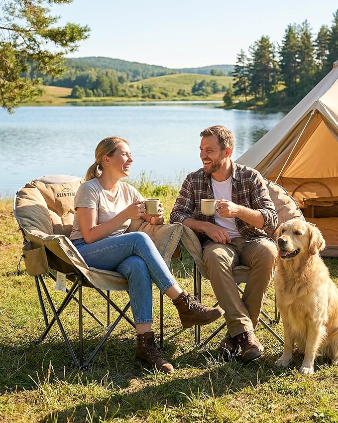 Upgrade Oversized Padded Camping Chair with Adjustable Cup Holder,Weight Capacity 400 LBS,Built-in Comfy Foam Armrest Supports,Heavy Duty Moon Leisure Folding Chair for Camping, Beige(2 Pack)