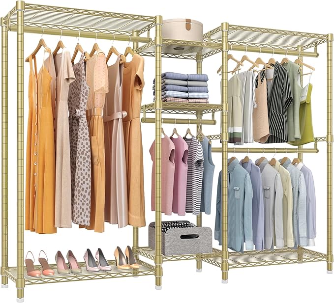 VIPEK Classic V6 Wire Garment Rack Heavy Duty Clothes Rack with 7 Adjustable Shelves & 4 Hanging Rods, Compact DIY Metal Clothing Racks 68.9" L x 15.7" W x 76.4" H, Max Load 840LBS, Gold