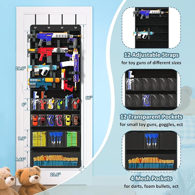 Over Door Toy Gun Storage, Hanging Organizer for Toy Guns, Hanging Toys Organizer with Pockets, Hook&Loop Straps for Foam Blasters, Darts, Goggle, Toys Storage Door Hanger for Kidroom, Gameroom, Black