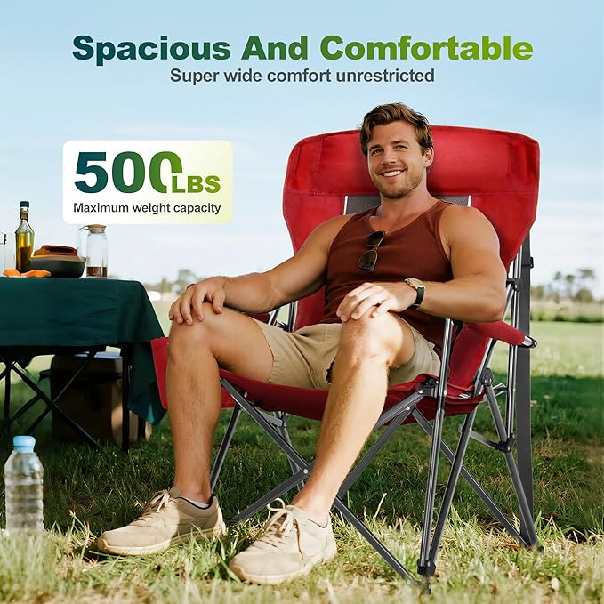 ALPHA CAMP Oversized Folding Camping Chairs for Adults High Backrest Heavy Duty Lawn Chairs Support 500 LBS Portable Camp Chairs with Cup Holders Large Side Pocket Outdoor Chair