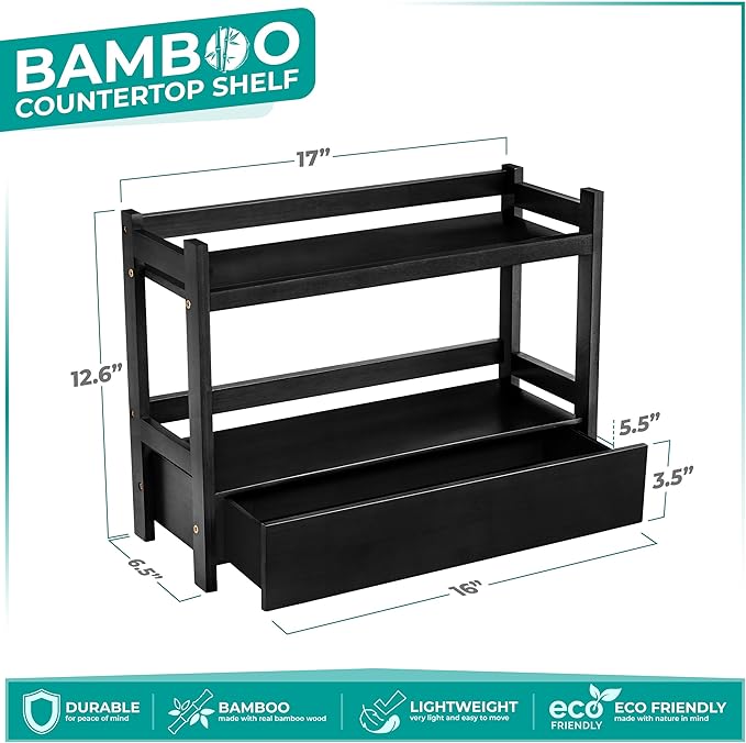 Sorbus Bamboo Bathroom Counter Organizer – 2-Tier Shelf with Hidden Drawer for Vanity, Matcha Station, Bathroom Sink Organizer Countertop, Kitchen & Office Storage (17″ L x 6.5″ W x 12.6″ H) (Black)