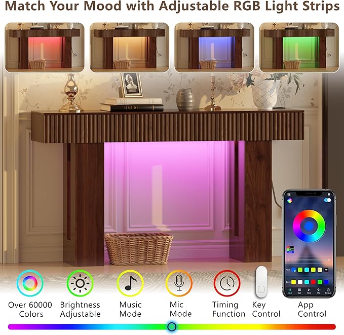 60-Inch Long Entryway Table with Built-in Power Outlet and App & Button-Controlled RGB Light, Thick Wood Farmhouse Console Table for Behind Sofa, Narrow Hallway, Living Room, Foyer, Entrance, Walnut