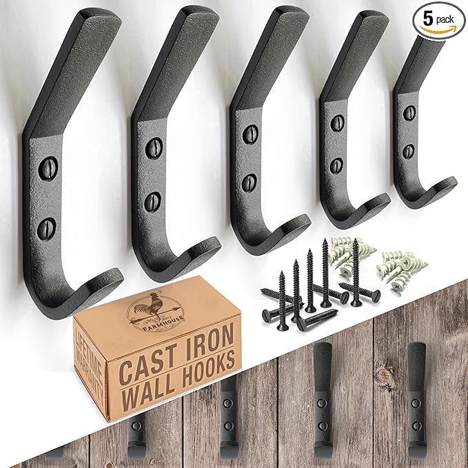 Cast Iron Coat Hook (5 Pack) Heavy Duty Modern Farmhouse Entry Wall Hooks for Hanging Coats, Bags, Jackets, Towels (Black, Includes Hardware) (Antique Black)
