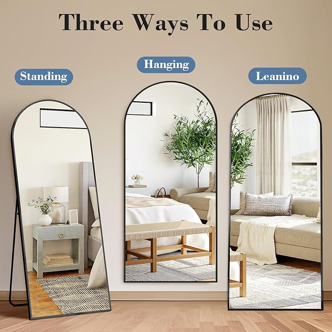 DUMOS Arched Full Length Mirror, 56"x21" Full Body Floor Standing Mirror with Aluminum Frame and Shatter Proorf Nano Glass, Modern Wall Hanging Leaning for Living Room, Home Decor, Black