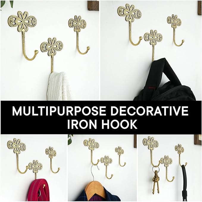 Indian Shelf 33 Lb. 3 Pieces Key Holder Flower Vintage Brass Decorative Wall Hooks for Hanging Unique Coat Rack Wall Mount Antique Towel Hangers Gold