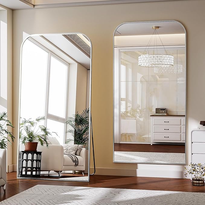 Full Length Mirror 76"x34" Arched Floor Standing Large Mirrors Full Body Mirror with Stand - with Aluminum Frame for Bedroom Living Room, Silver