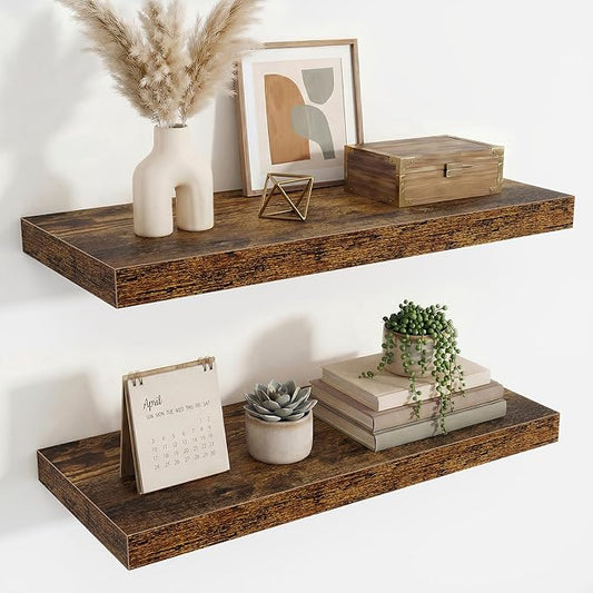 24 Inch Floating Shelves for Wall Decor,9.3" Deep Floating Shelf Wall Book Shelves,Large Display Storage Shelf,Wall Mounted Shelves with Invisible Bracket for Living Room,Bedroom,Bathroom,Rustic Brown