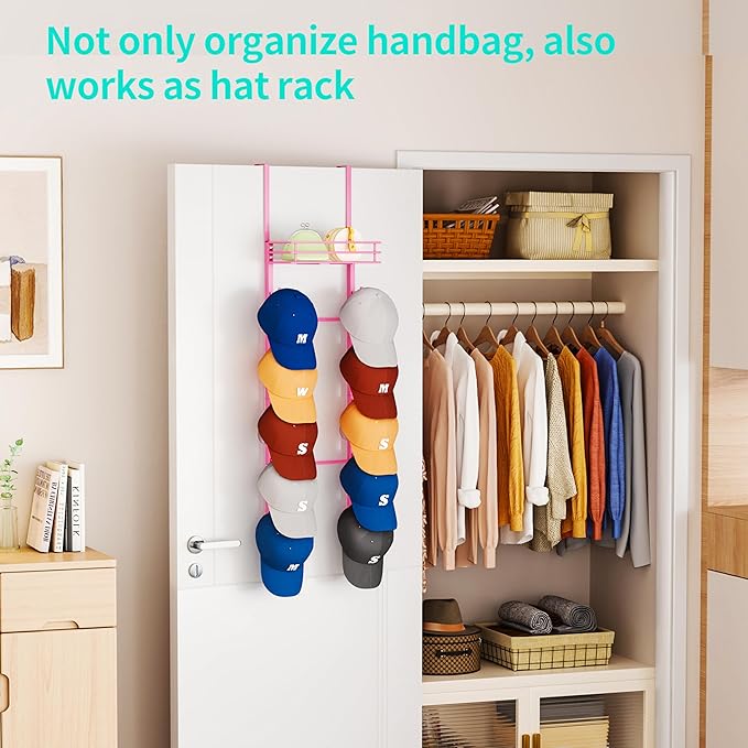 HapiRm Over the Door Purse Organizer - Wall Mounted Purse Rack with 10 Hooks and Metal Basket, Hanging Handbag Organizer Holds up to 10 Bags, Bag Rack Can Use As 1/2 Part, for Door, Closet (Pink)