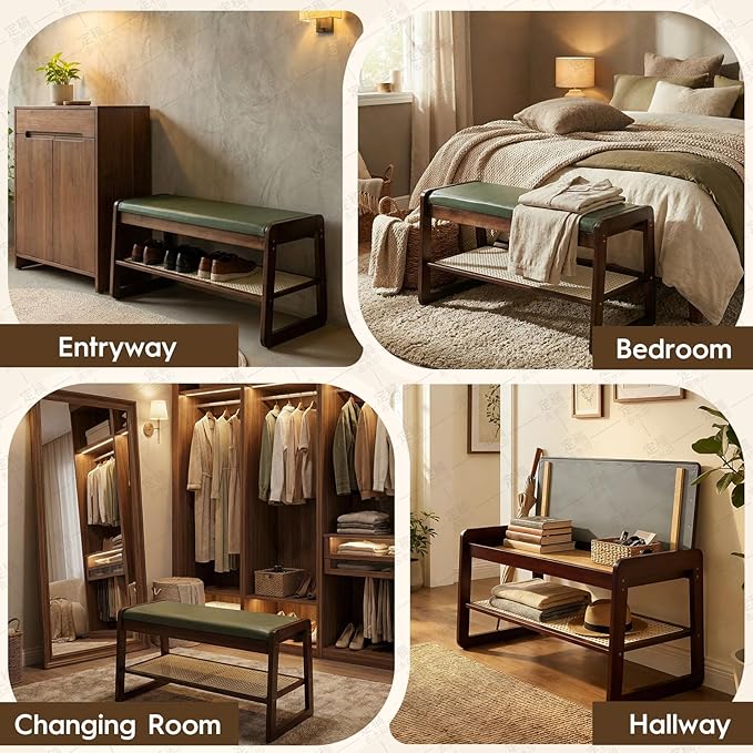Shoe Rack Bench 2 Tier 27.6'' Bamboo Entryway Bench with Cushion and Hidden Storage Hold up to 300 lb Shoe Organizer for Hallway, Closet, Front Door Entrance, Foyer , Living Room Bedroom(Green)