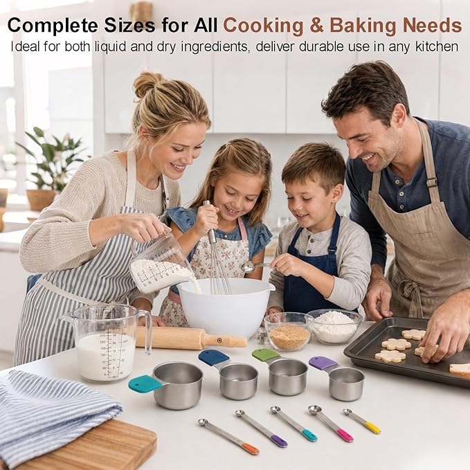 Stainless Steel Measuring Cups and Spoons Set, 7 Magnetic Measuring Cups, 5 Metal Measuring Spoons, 3 Plastic Measuring Cups for Kitchen Cooking & Baking, Dry & Liquid Ingredients
