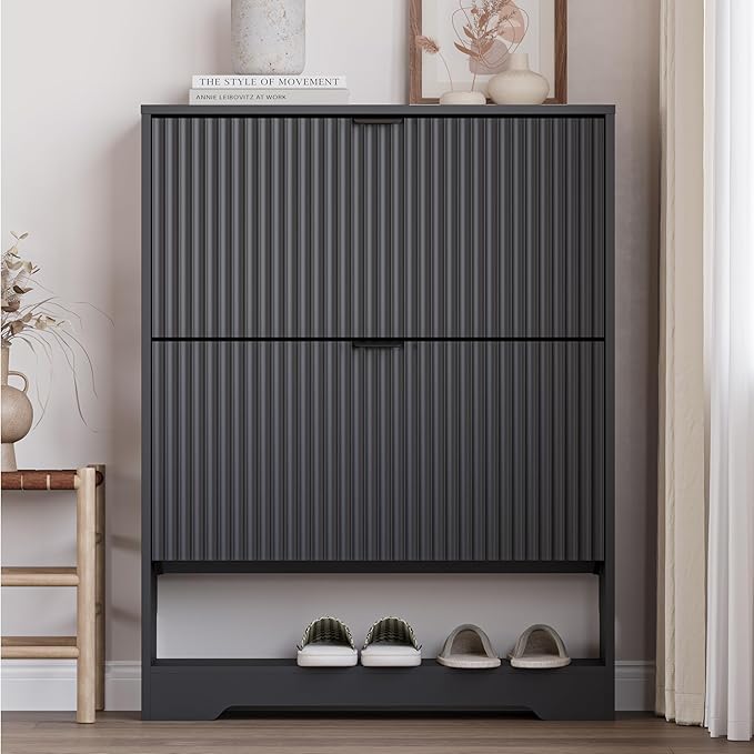 BORNOON Shoe Cabinet with 2 Flip Drawers, Fluted Shoe Storage Cabinet with Adjustable Shelves, Freestanding Rack and Organizer for Entryway, Closet, Hallway