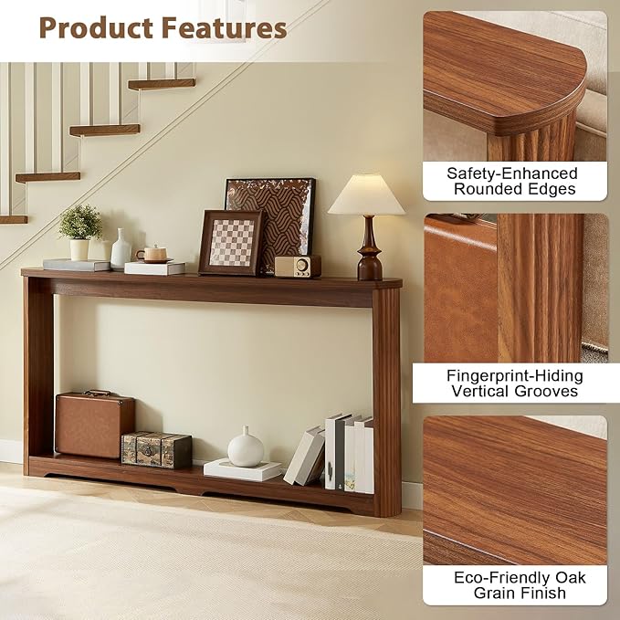 70" Extra Long Narrow Console Table, Fluted-Side Sofa Table with Open Shelf, Entryway/Hallway/Living Room Console – Walnut