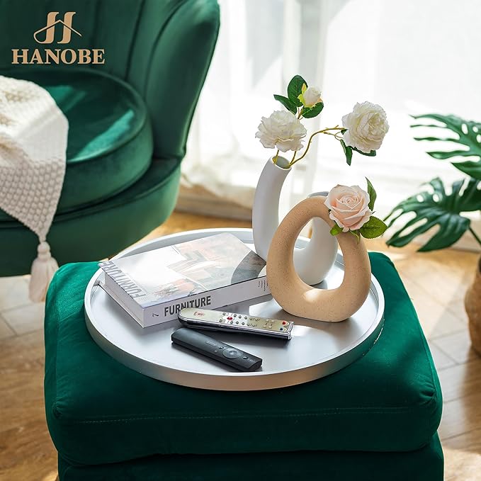 Hanobe Decorative Coffee Table Tray: Silver Wood Tray Round Rustic Wooden Trays Circle Farmhouse Centerpiece Candle Holder for Home Decor Ottoman Counter Display Living Room Organizer 18"