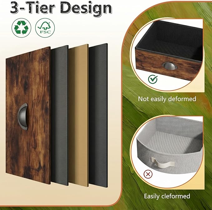 Nightstand with 3 Drawers, Bedside Table with 2-Tier Storage Shelf, Fabric Small Dresser Organizer, End Table Side Table, Living Room, Closet, Sturdy Steel Frame, Wood Top, Rustic Brown