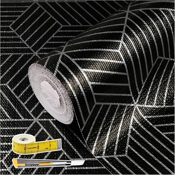 Shelf Liners for Kitchen Cabinets 23.6in x 20FT, Non Adhesive Cabinet Liner Strong Non-Slip Black and Silver Geometric Drawer Liner, Easy to Clean for Shelf, Cabinet with Knife and Tape Measure