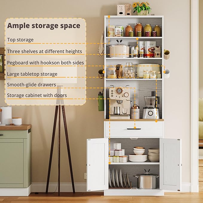 IRONCK Bakers Rack Microwave Stand with Customizable Pegboard and Storage, 71" Farmhouse Coffee Bar Cabinet with Drawer, Barn Doors, Adjustable Shelves for Kitchen, Dining Room, 23.6" White