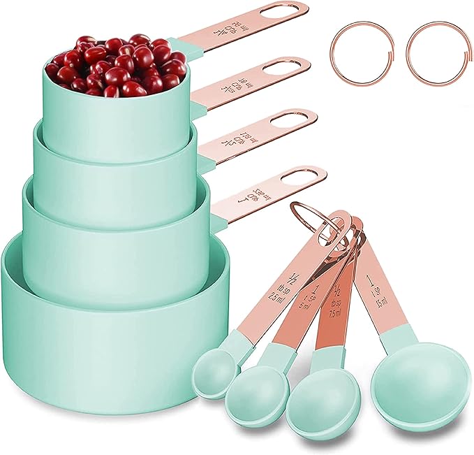 Rose Gold Stainless Steel Handle Measuring Cups and Spoons Set, 8 Piece Stackable Accurate Tablespoon for Measuring Dry and Liquid Ingredients Small Teaspoon with Plastic Head (Green)