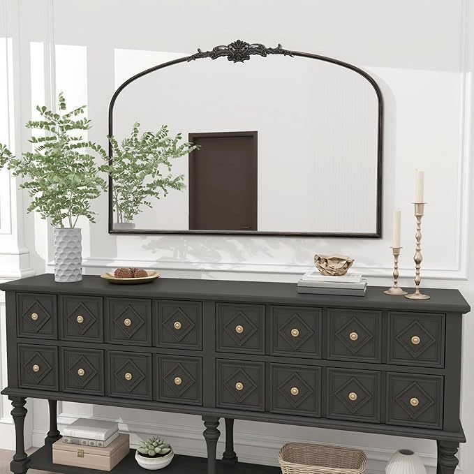Besdomus Antique Arched Large Mirror: 48"x33" French Oversize Black Arch Antique Wall Mounted Mirror - Baroque Traditional Ornate for Living Room/Fireplace/Bathroom- Home Decor for Interior Designers