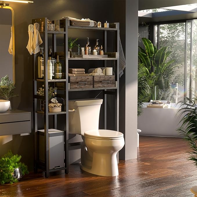 Besiost Over The Toilet Storage, 7 Tier Bathroom Organizer with Reversible Side Shelf and 2 Fabric Drawers, Adjustable Freestanding Rack Space Saver for Small Spaces, Grey Oak